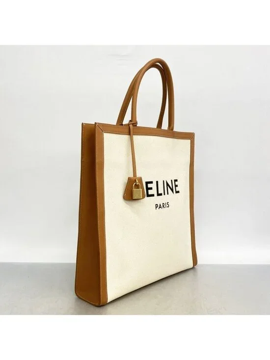 Celine Tote Vertical Cover Canvas Beige Light Brown Gold - Picture 2 of 10